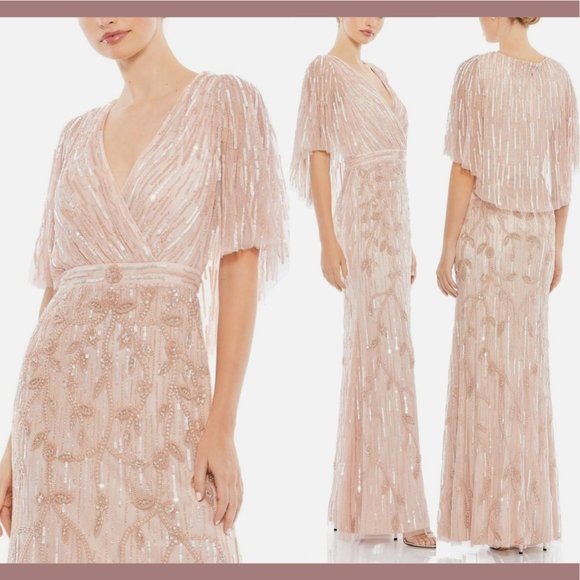 NWT $698 Mac Duggal [ 14 ] Embellished Cap Sleeve Cape Trumpet Gown‎ Blush - Picture 1 of 16